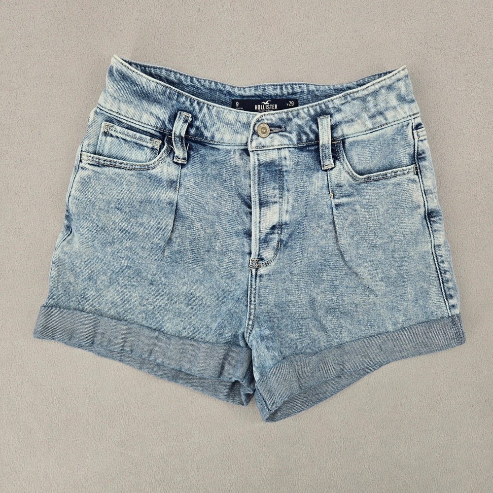Hollister Womens 9/29 Ultra High-Rise Mom Shorts Light Acid Wash Button Front